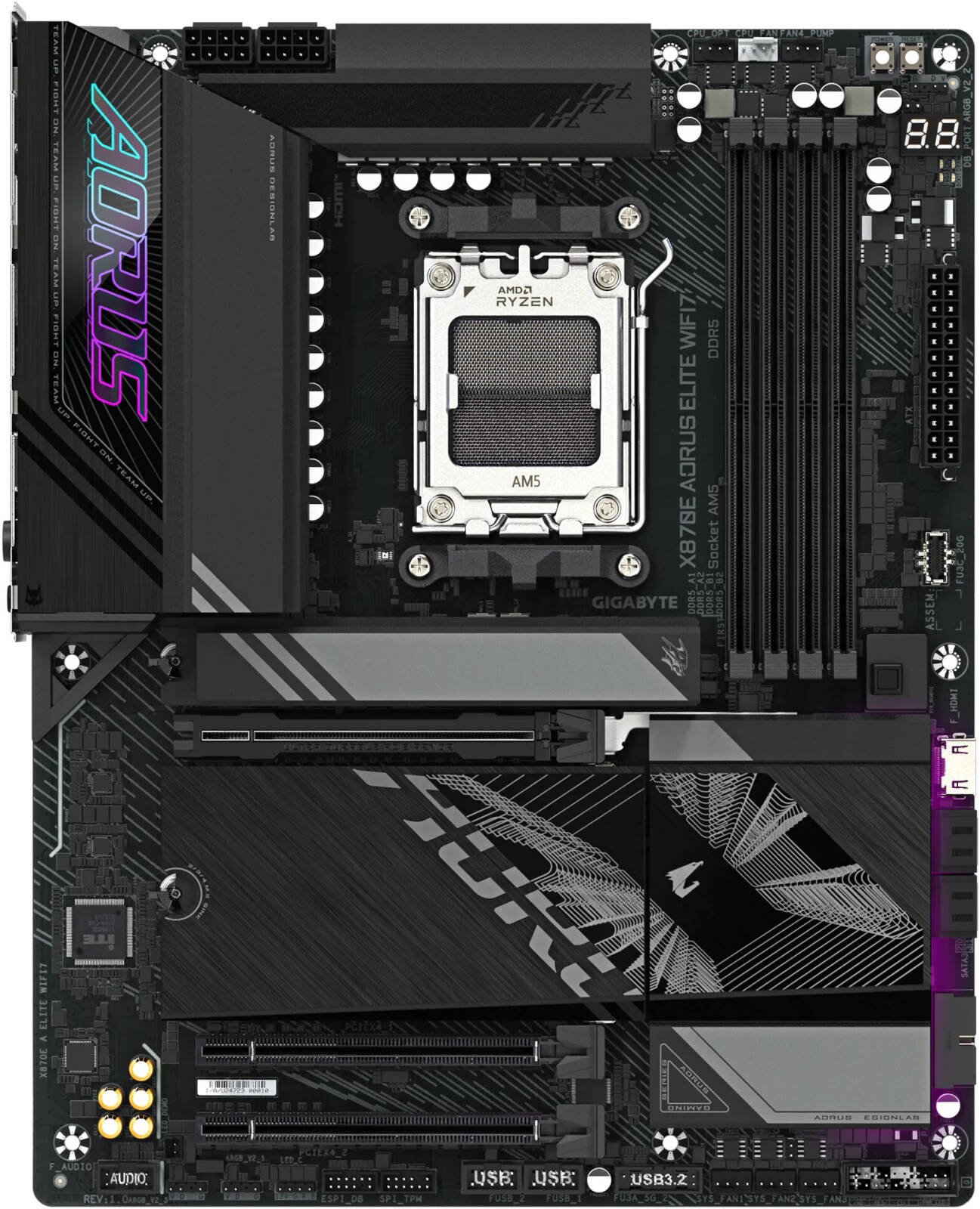 GIGABYTE X870E Aorus Elite WIFI7 Motherboard, AMD X870E Chipset, AMD Socket AM5, Dual Channel DDR5, EZ-Latch Plus, 4x M.2 Slots, Sensor Panel Link - Image 2