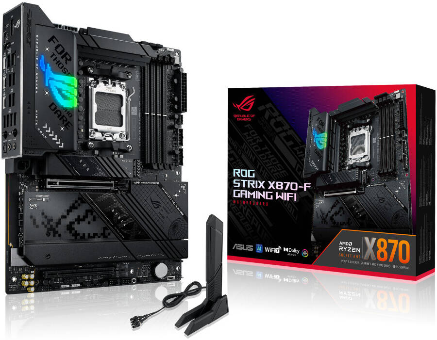 ASUS ROG Strix X870-F Gaming WiFi AM5 ATX Motherboard, AMD X870 Chipset, 4x DDR5 DIMM Slots, 192GB Max Memory, 4x M.2 Slots, 1x PCIe 5.0 x16